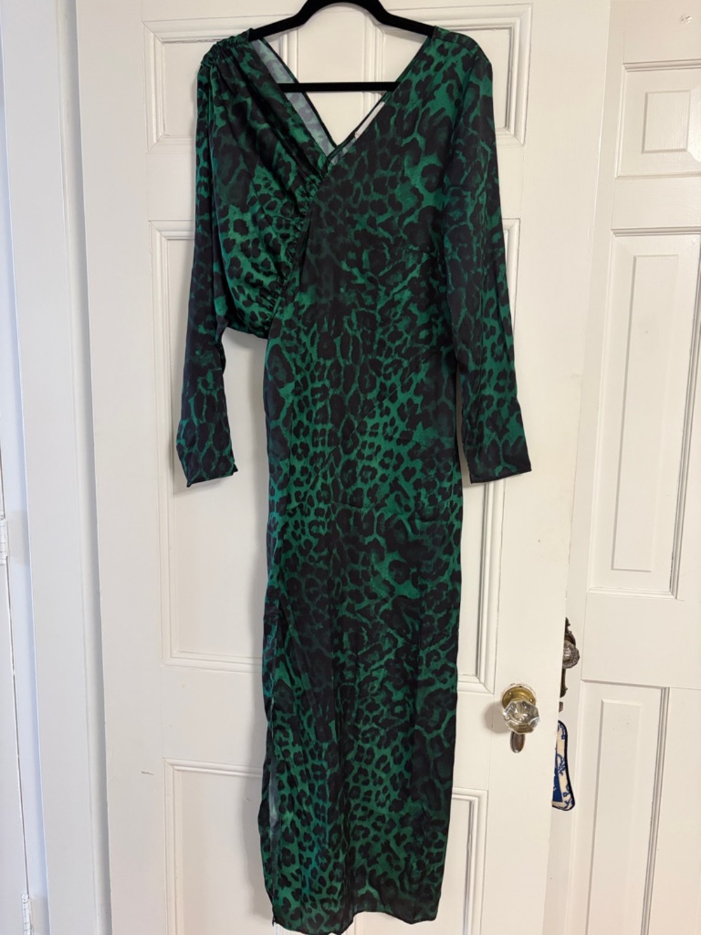 Green and Black Animal Print Long Sleeve Maxi Dress Asymmetrical